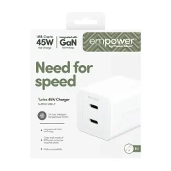 Oplader, Empower by PanzerGlass, Turbo, 45W, 2x USB-C, EU stik, Hvid