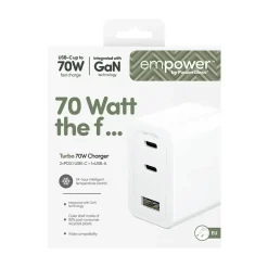 Oplader, Empower by PanzerGlass, Turbo 70W, Multiple Charger, 2x USB-C+USB-A, EU stik, Hvid