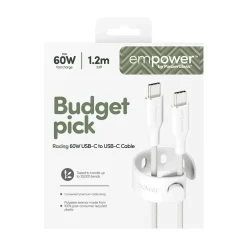 Opladerkabel, Empower by PanzerGlass, Racing, 60W, USB-C to USB-C, 1.2M, Hvid