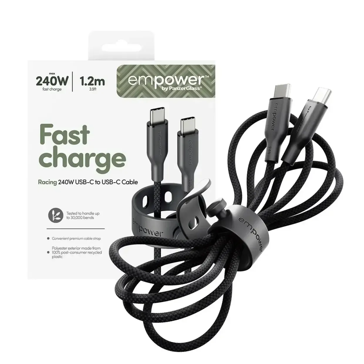 Opladerkabel, Empower by PanzerGlass, Racing, 240W, USB-C to USB-C, 1.2M, Sort