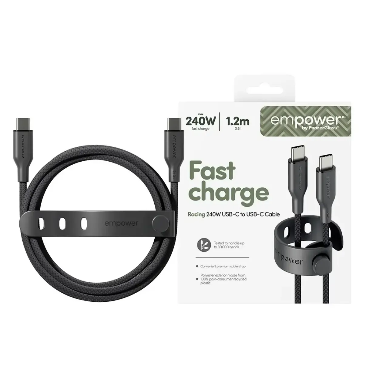 Opladerkabel, Empower by PanzerGlass, Racing, 240W, USB-C to USB-C, 1.2M, Sort