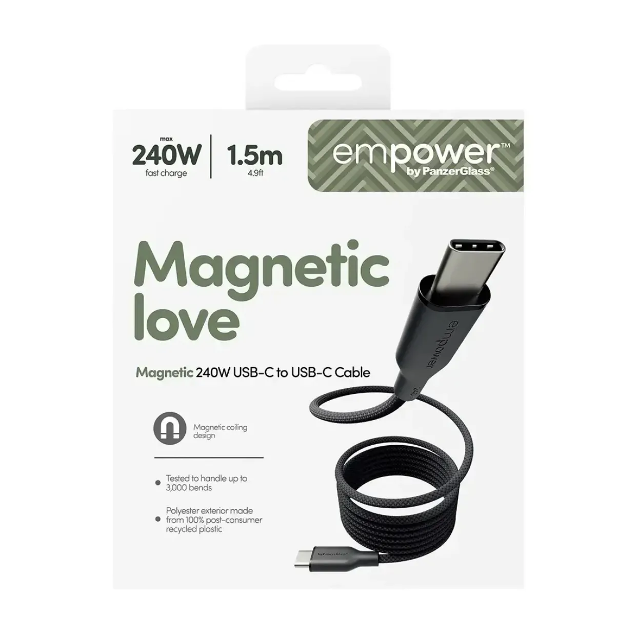 Opladerkabel, Empower by PanzerGlass, Magnetisk, 240W, USB-C to USB-C, 1.5M, Sort