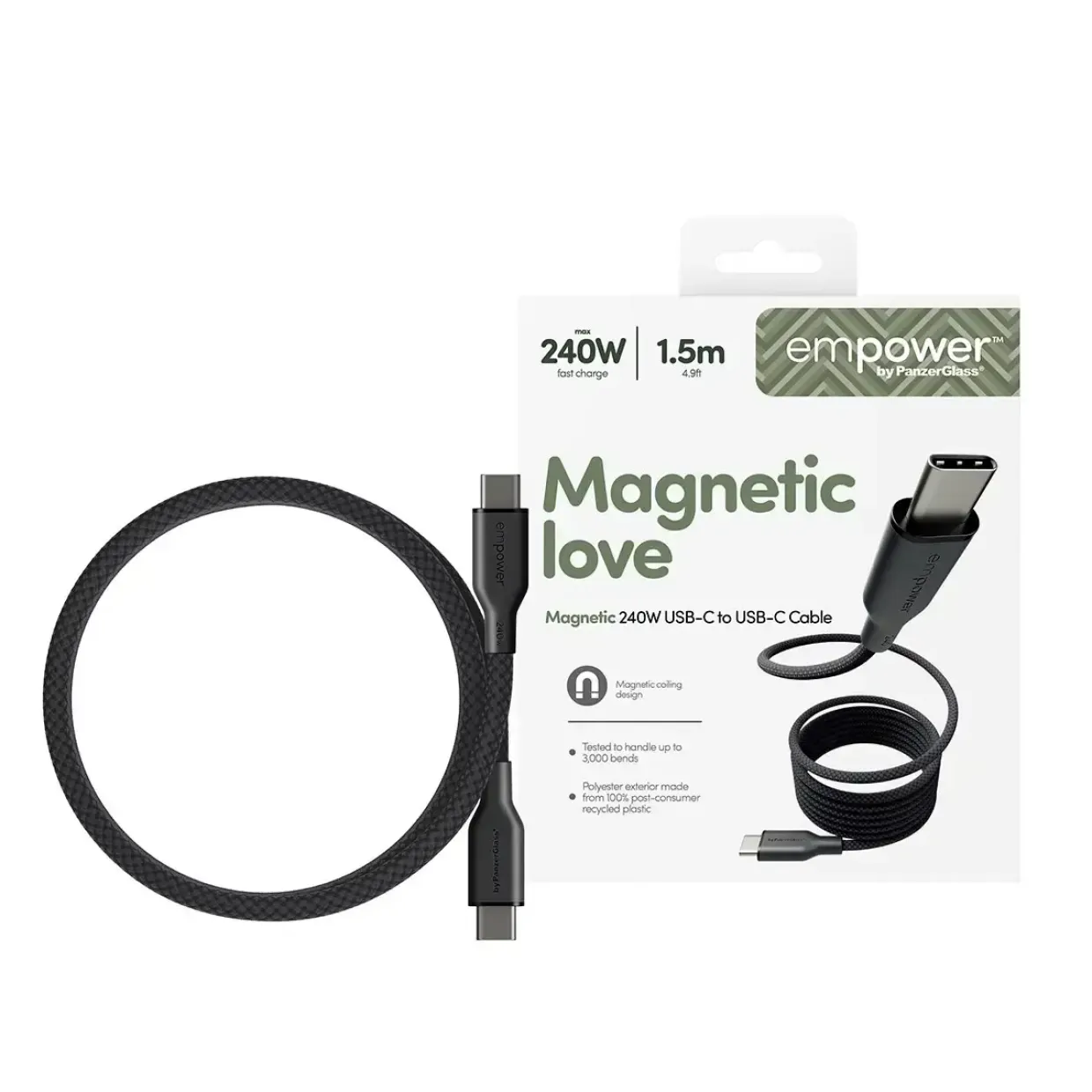 Opladerkabel, Empower by PanzerGlass, Magnetisk, 240W, USB-C to USB-C, 1.5M, Sort