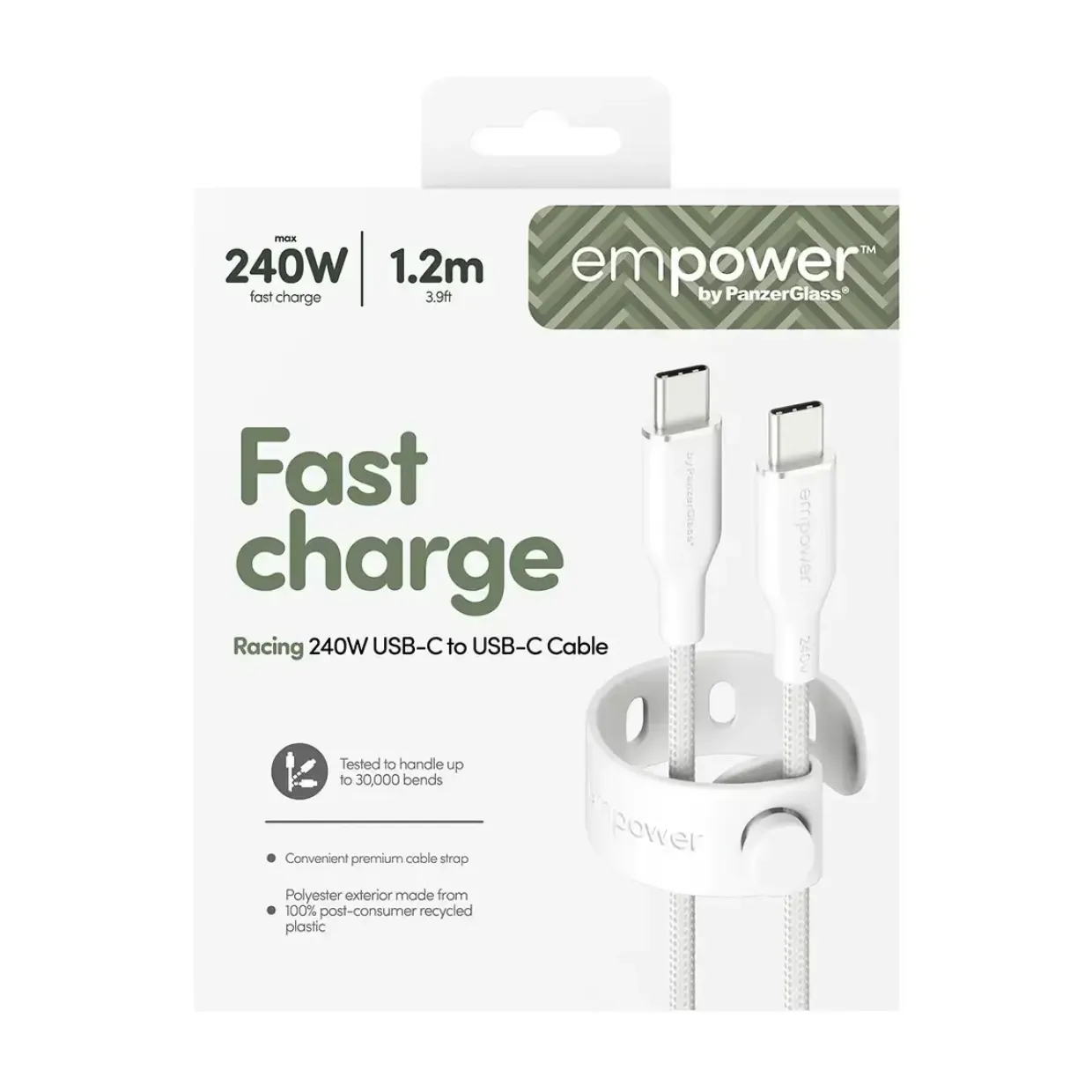 Opladerkabel, Empower by PanzerGlass, Racing, 240W, USB-C to USB-C, 1.2M, Hvid