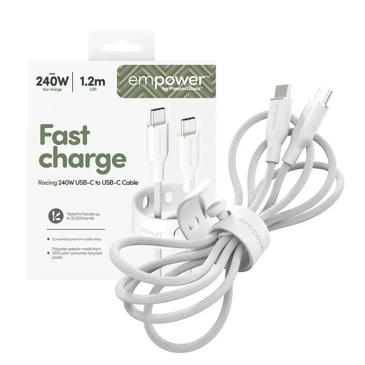 Opladerkabel, Empower by PanzerGlass, Racing, 240W, USB-C to USB-C, 1.2M, Hvid