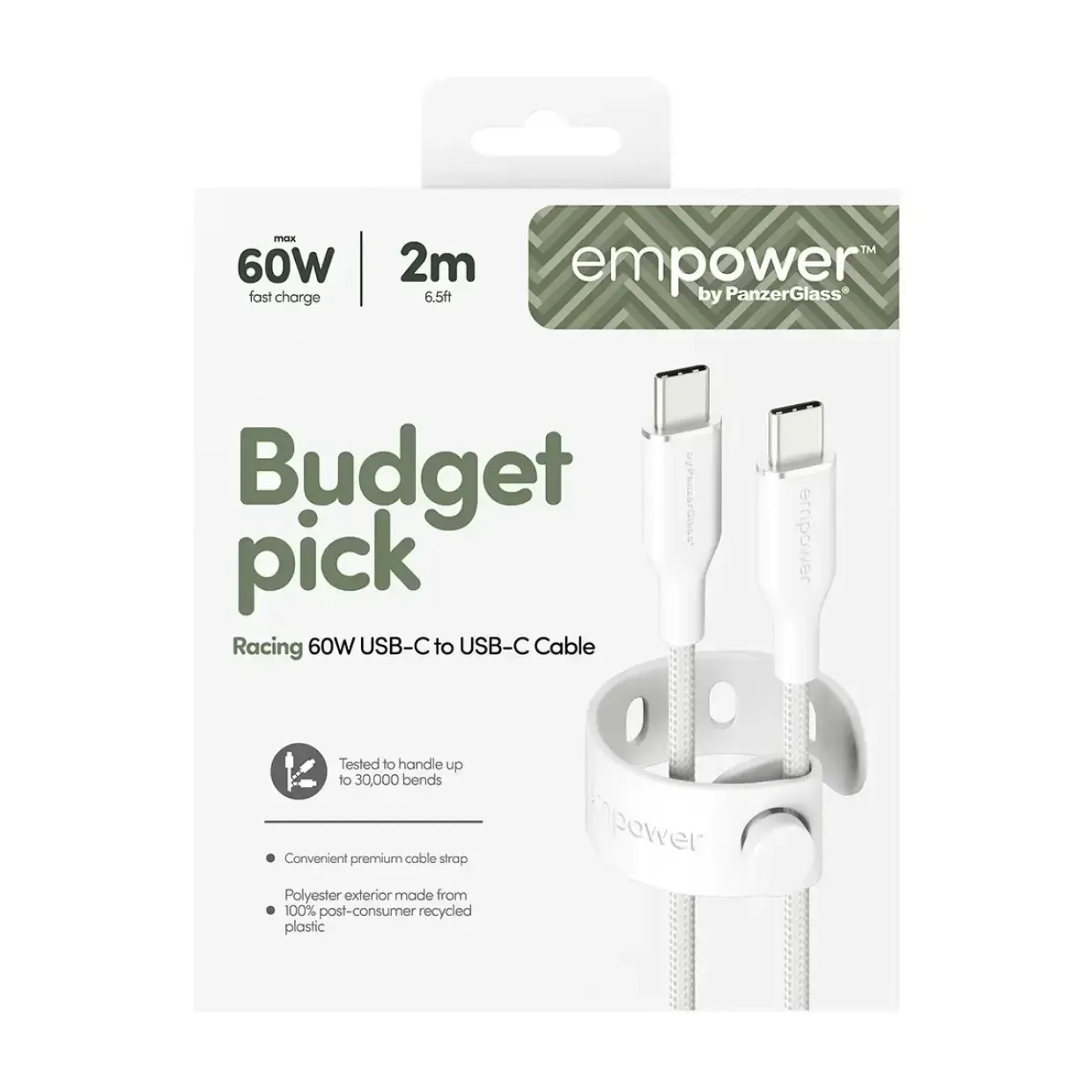 Opladerkabel, Empower by PanzerGlass, Racing, 60W, USB-C to USB-C, 2M, Hvid