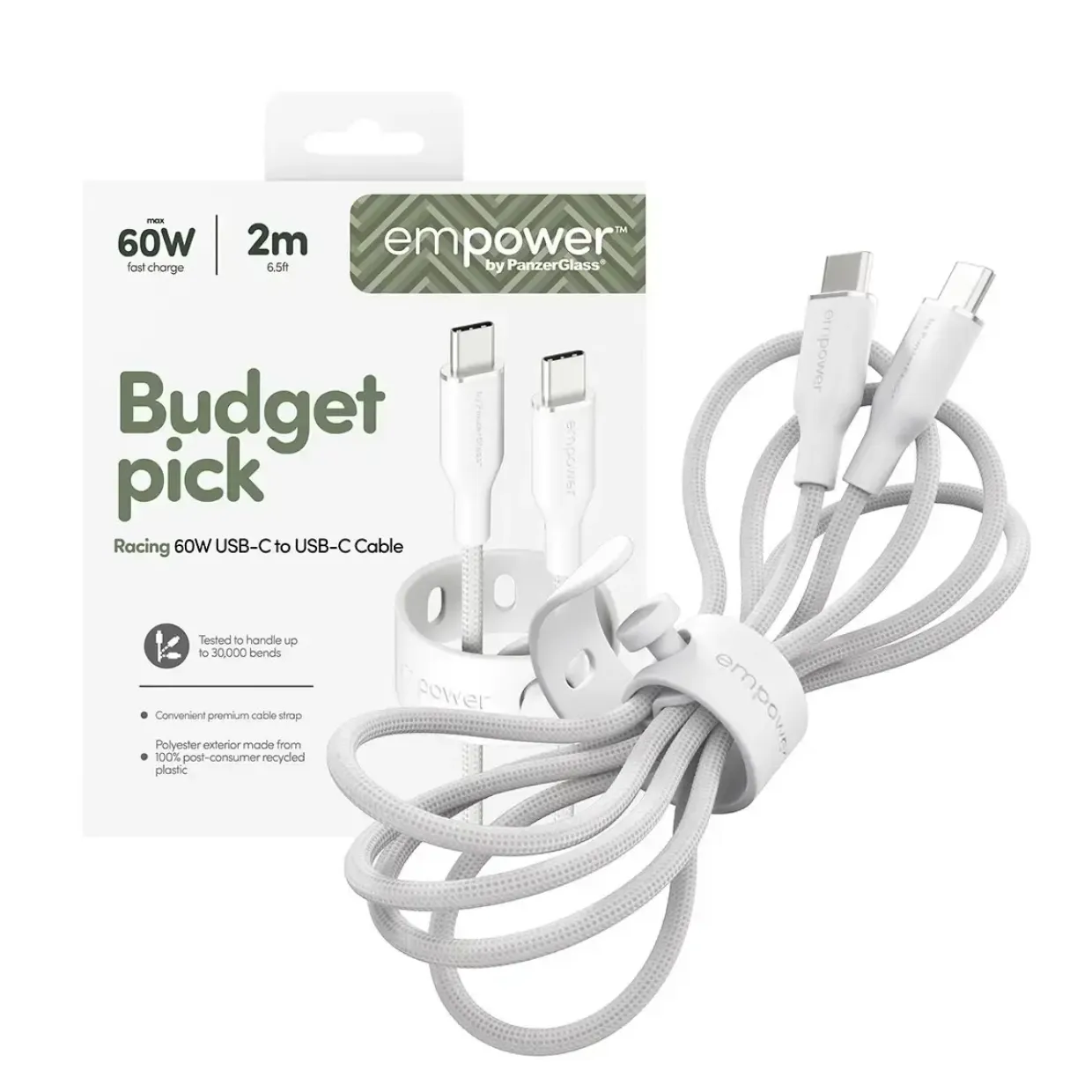 Opladerkabel, Empower by PanzerGlass, Racing, 60W, USB-C to USB-C, 2M, Hvid