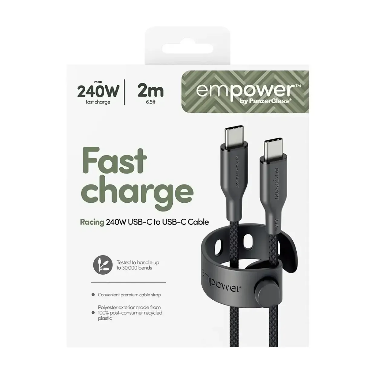 Opladerkabel, Empower by PanzerGlass, Racing, 240W, USB-C to USB-C, 2M, Sort