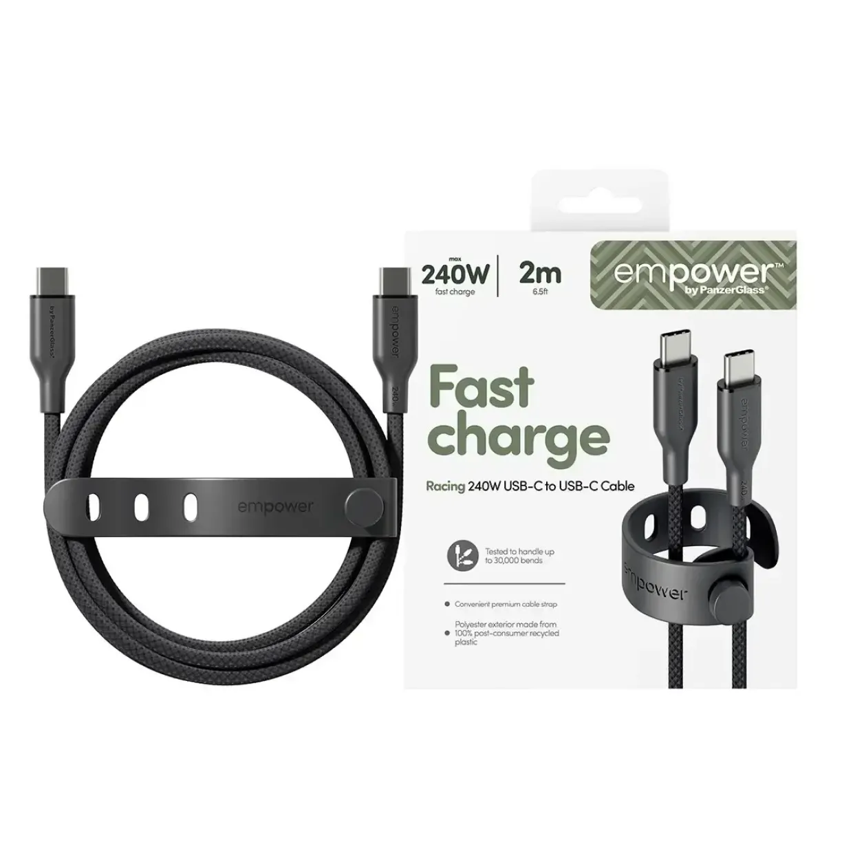 Opladerkabel, Empower by PanzerGlass, Racing, 240W, USB-C to USB-C, 2M, Sort