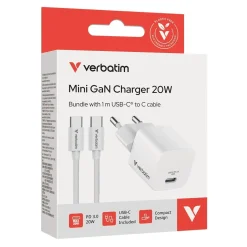 Oplader med USB-C kabel - Verbatim Mini GaN Charger 20W EU
