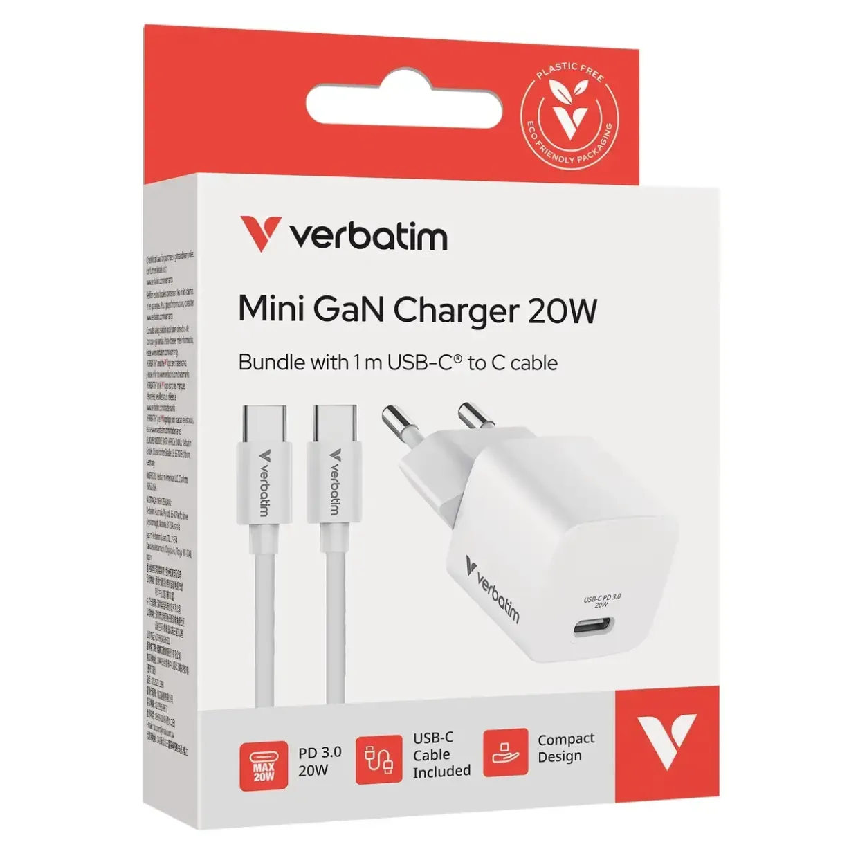 Oplader med USB-C kabel - Verbatim Mini GaN Charger 20W EU