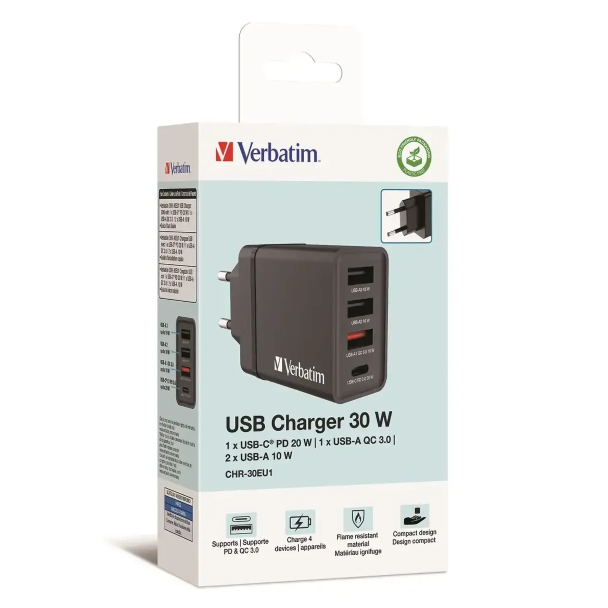 Oplader - Verbatim - CHR-30EU1 - 4-port - USB-C - Sort