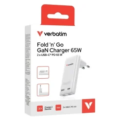 Oplader - Verbatim - Fold 'n' Go - GaN Charger - 65W - EU - 2xUSB-C - Hvid