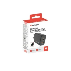 Oplader - Verbatim - 65W - USB-C - EU - 3-port - Sort