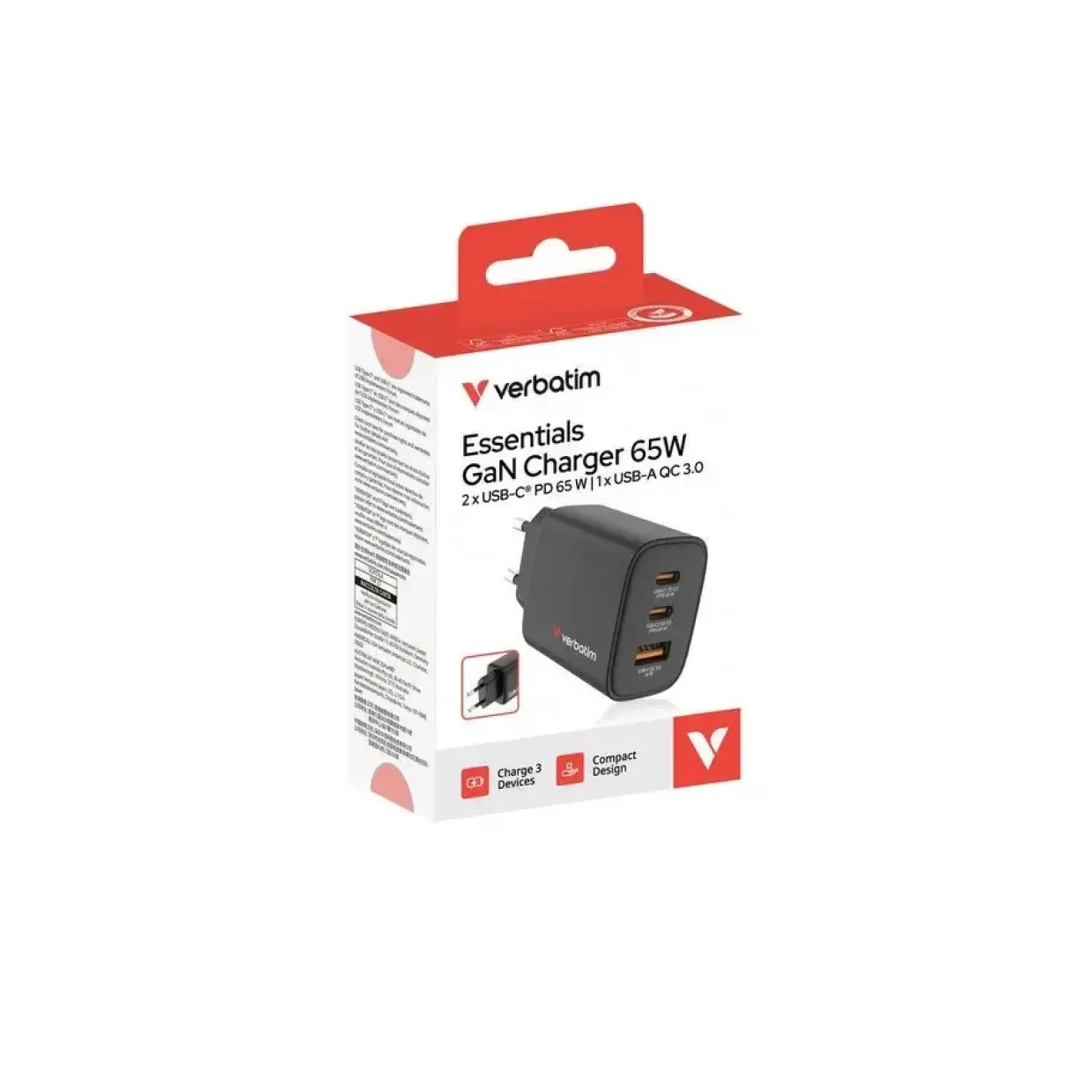 Oplader - Verbatim - 65W - USB-C - EU - 3-port - Sort