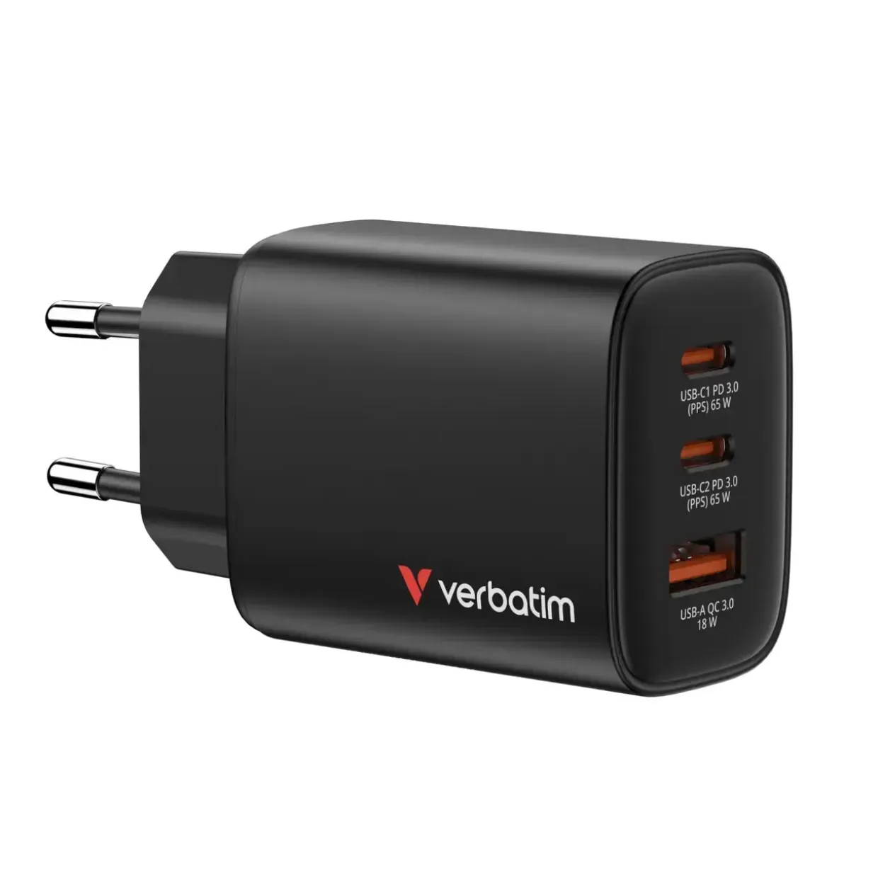 Oplader - Verbatim - 65W - USB-C - EU - 3-port - Sort