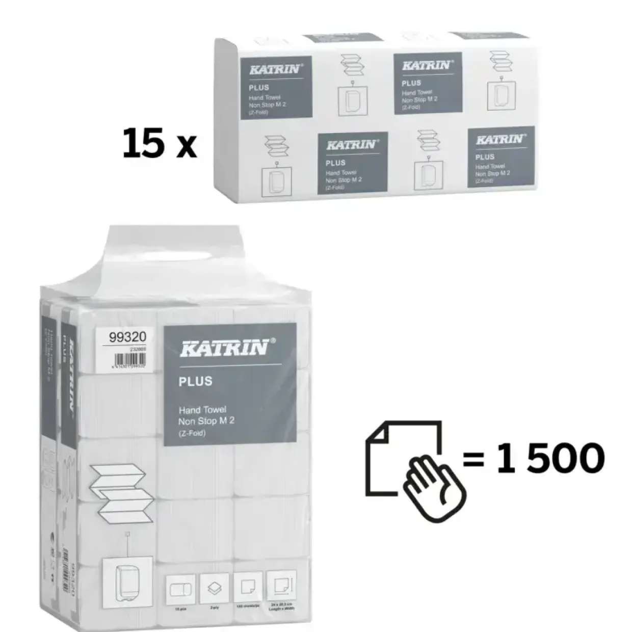 Papirhåndklæder ark, Katrin, Plus, 2 lag, hvid, 203mmx240mm, kasse a 2400 stk