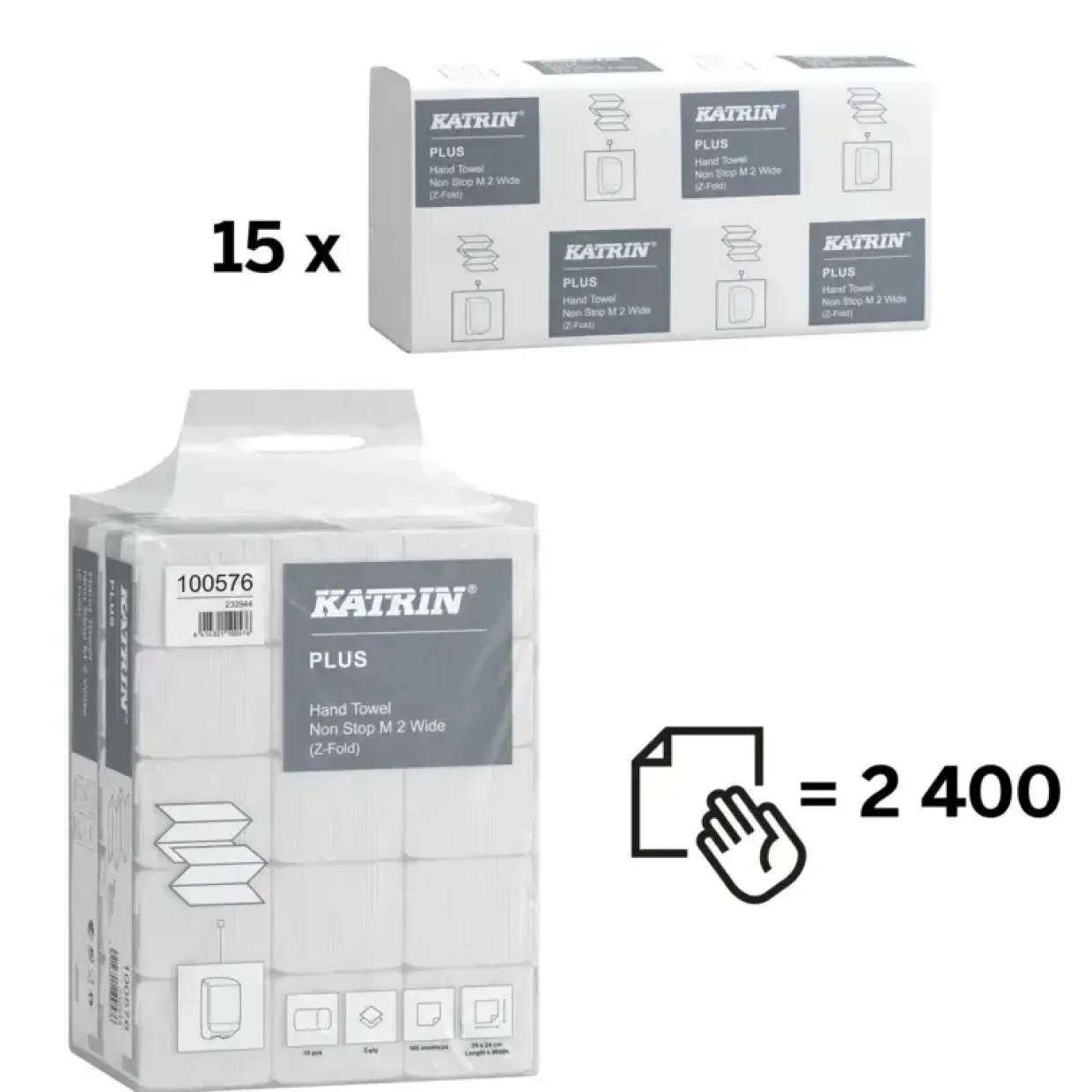 Papirhåndklæder ark, Katrin, Plus, 2 lag, hvid, 240mmx240mm, kasse a 2400 stk