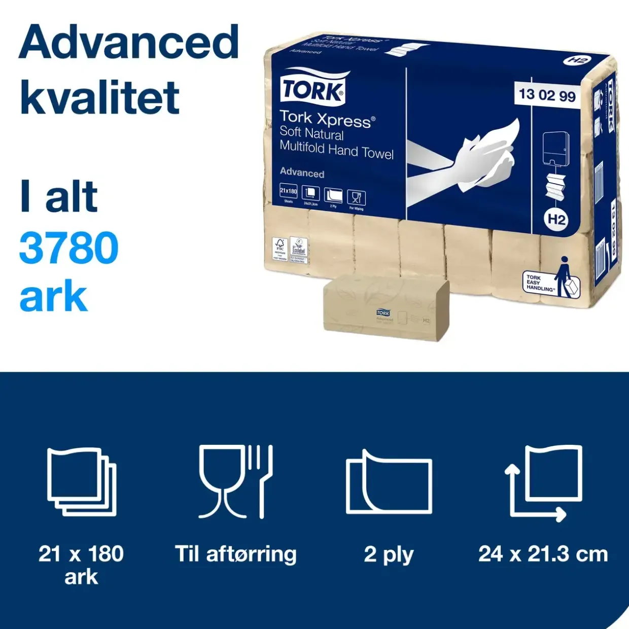 Papirhåndklæde - Tork 130299 Xpress Advanced - Natur - 2-lags - M-fold - 3780 ark