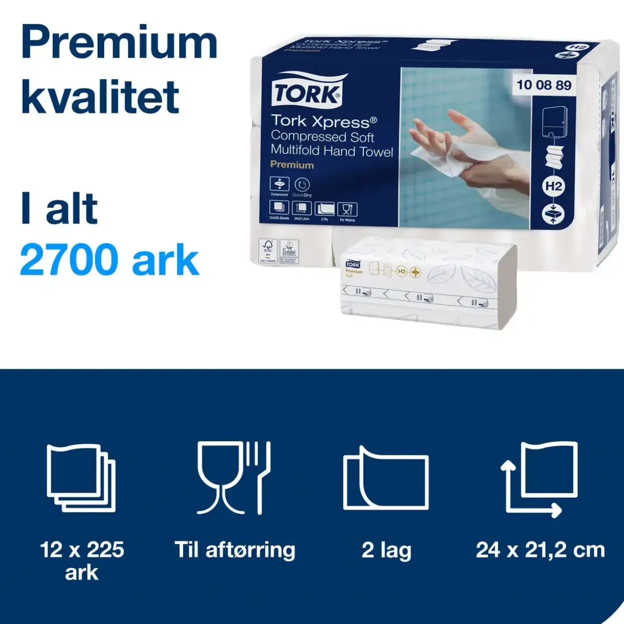 Papirhåndklæde Tork 100889 Xpress H2 soft 2-lags komprimerede 2700 ark