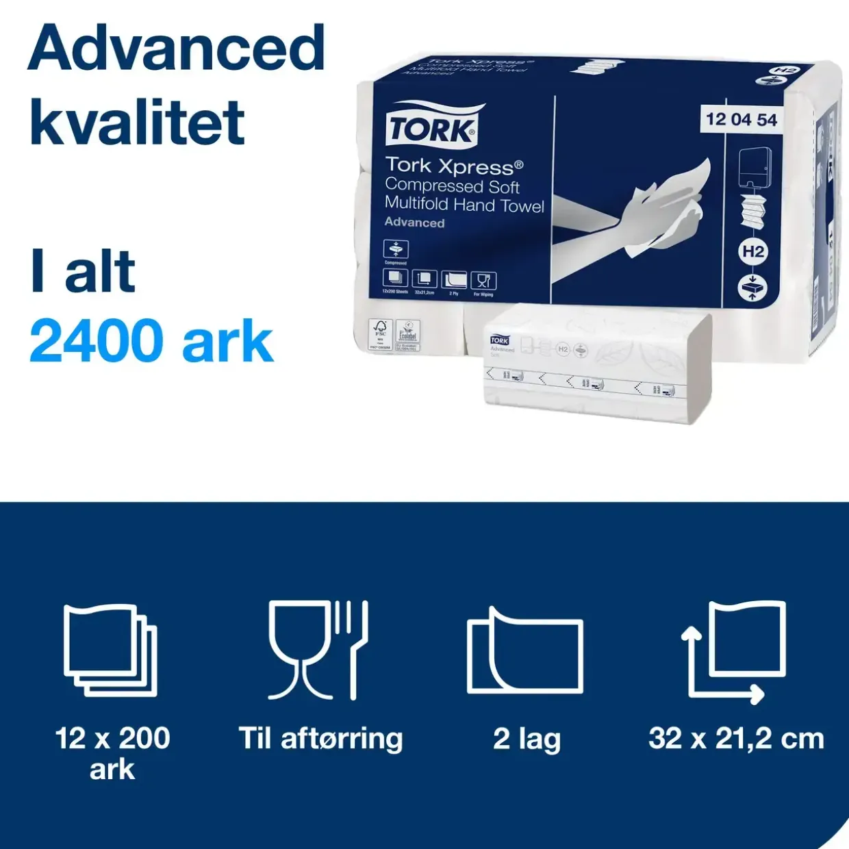 Papirhåndklæde Tork 120454 Xpress H2 soft 2-lags komprimerede 2400 ark