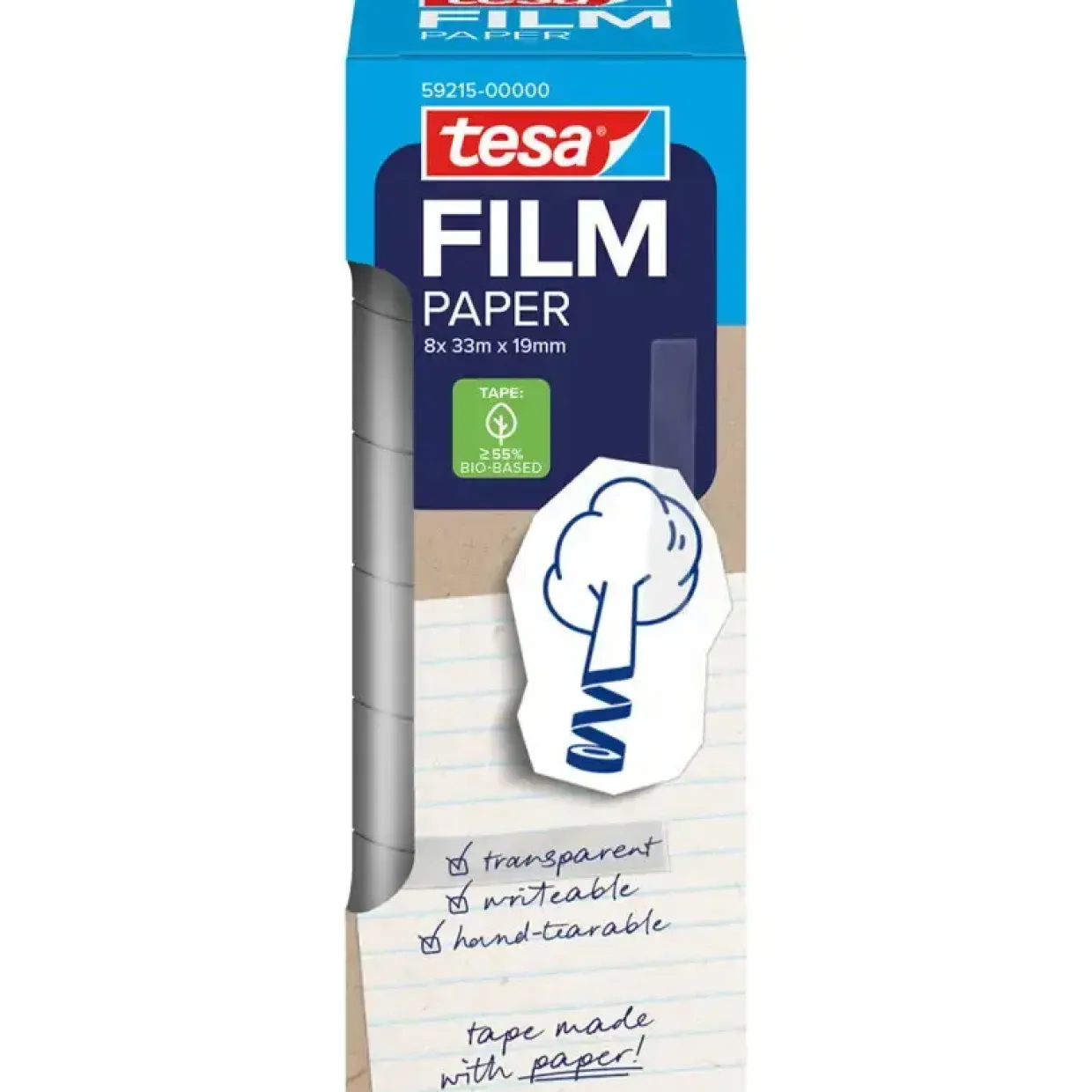 Papirtape, skrivbar, 19mmx33.00m, transparent på hvid, pakke med 8 ruller