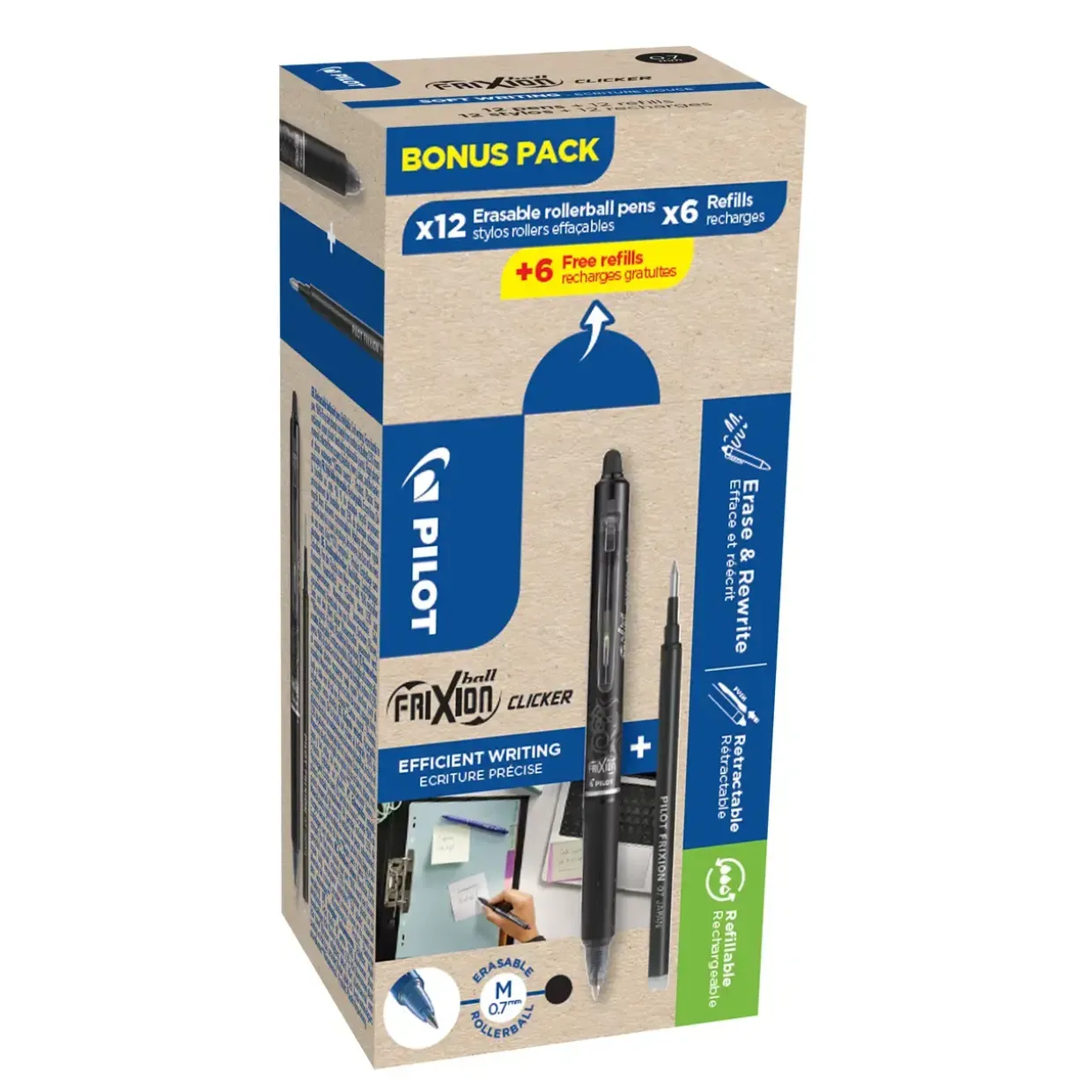 Pilot Frixion Clicker kuglepen sort pack 12 pen / 6 refiller + 6 refiller - Køb minimum 12 stk.