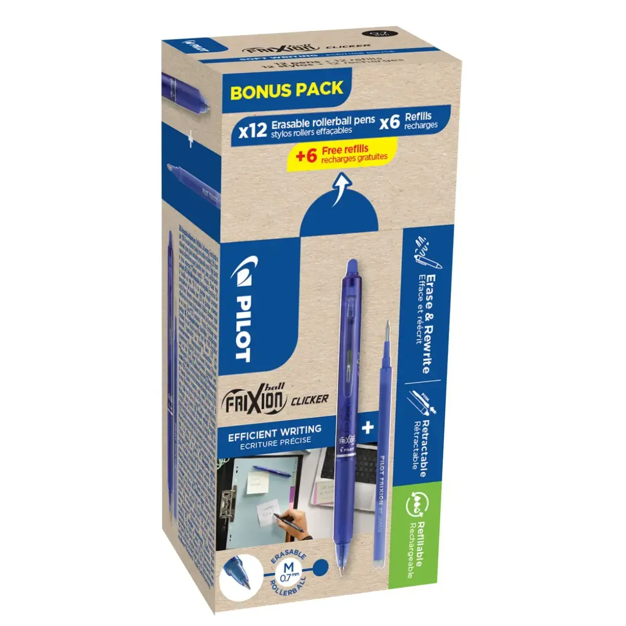 Pilot Frixion Clicker kuglepen blå pack 12 pen / 6 refiller + 6 refiller - Køb minimum 12 stk.