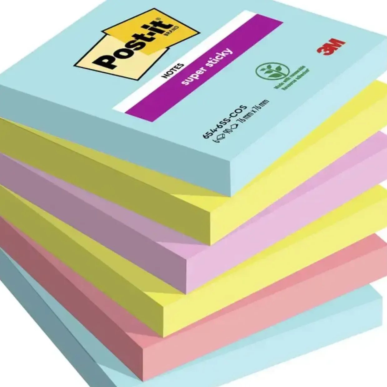Post-it blok - Super Sticky ass. farver 76x76mm - pakke a 6 stk