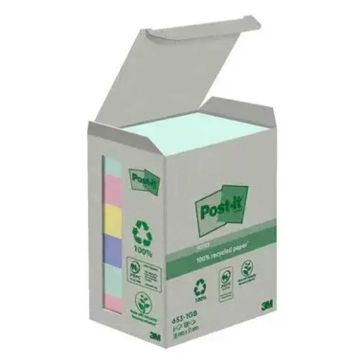 Post-it® Recycled Notes assorterede farver 38 mm x 51 mm 100 ark pr. blok - 6 blokke pr. pakke