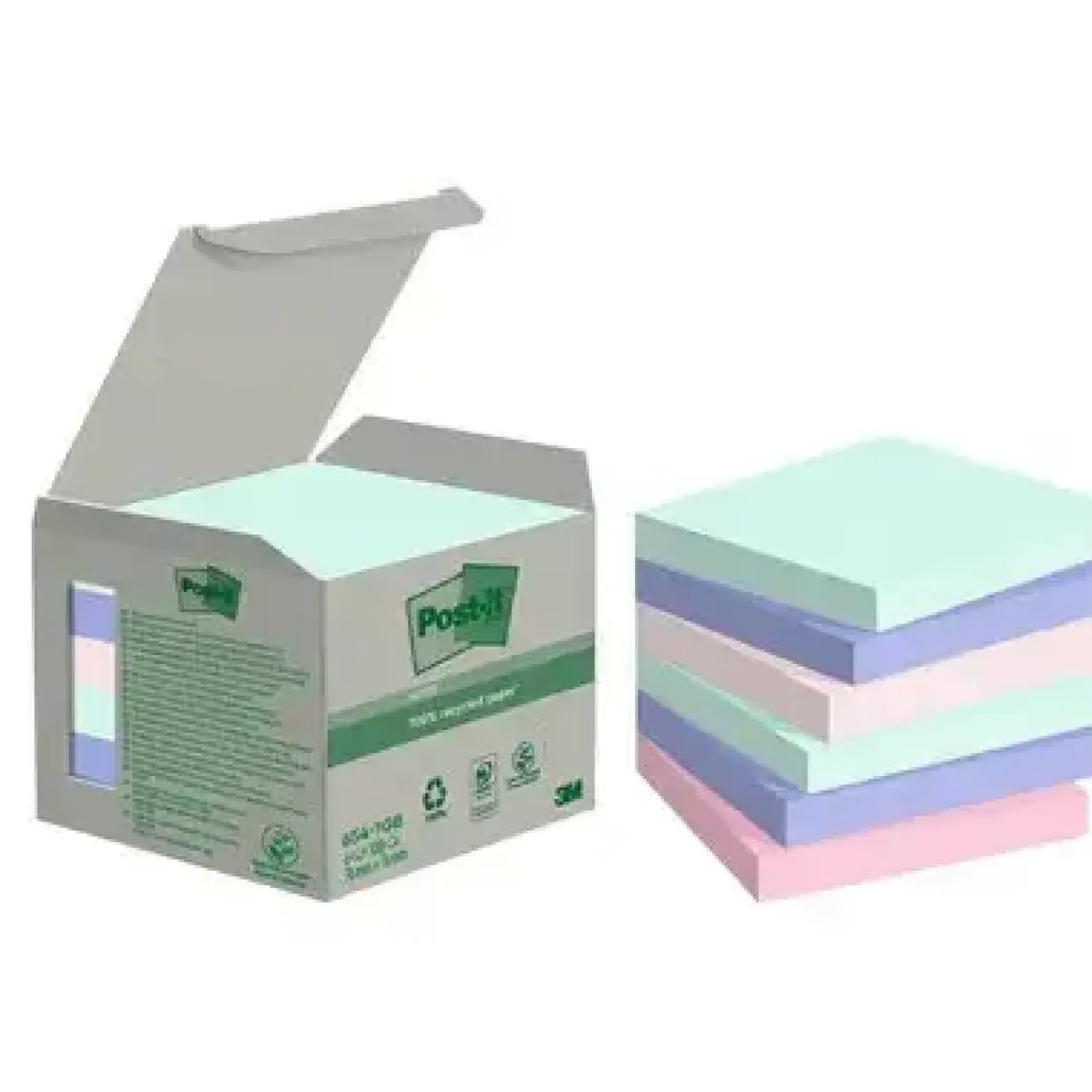 Post-it® Recycled Notes assorterede farver 76 mm x 76 mm 100 ark pr. blok - 6 blokke pr. pakke