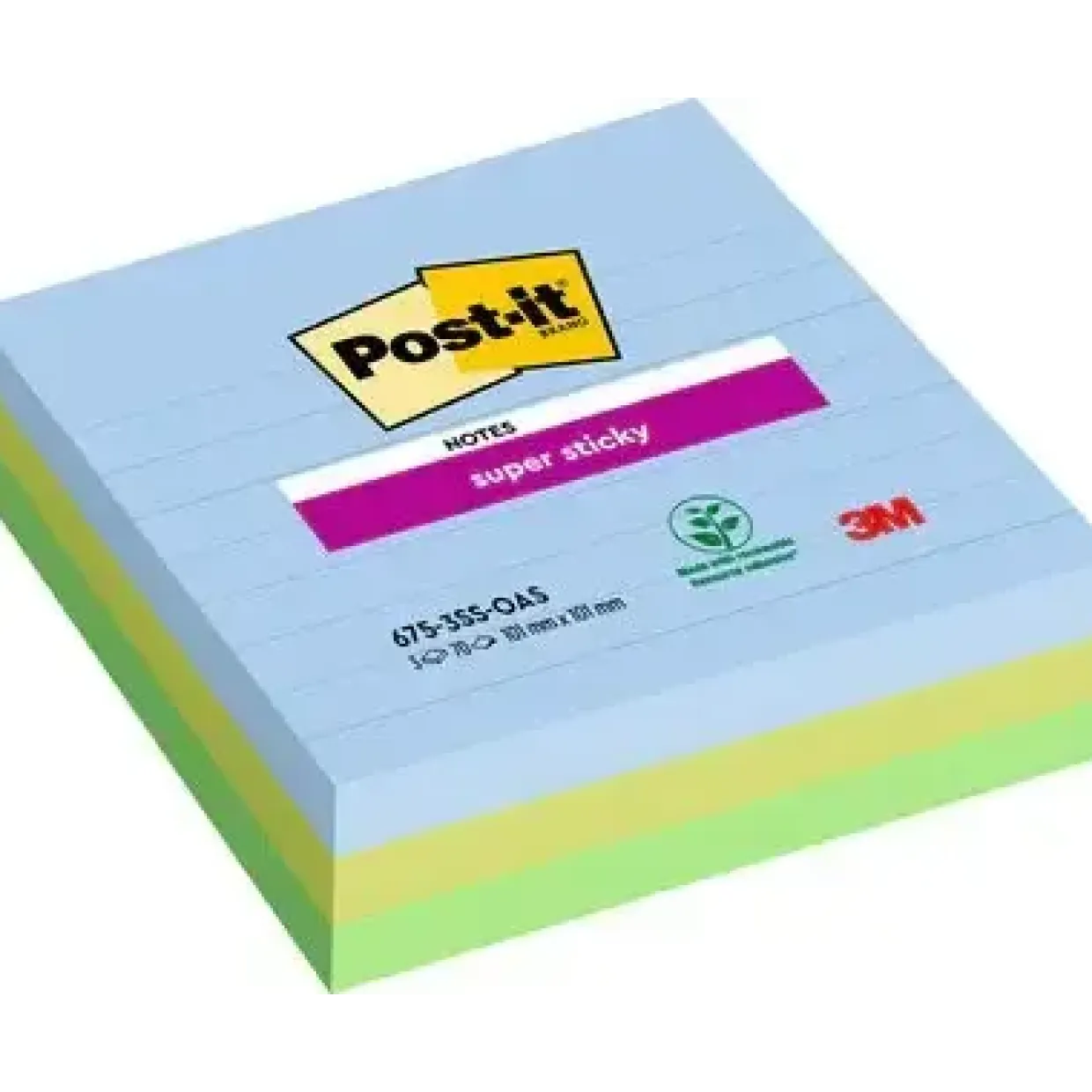 Post-it® Super Sticky Notes linjerede 101 mm x 101 mm 70 ark pr. blok - 3 blokke Oasis farver