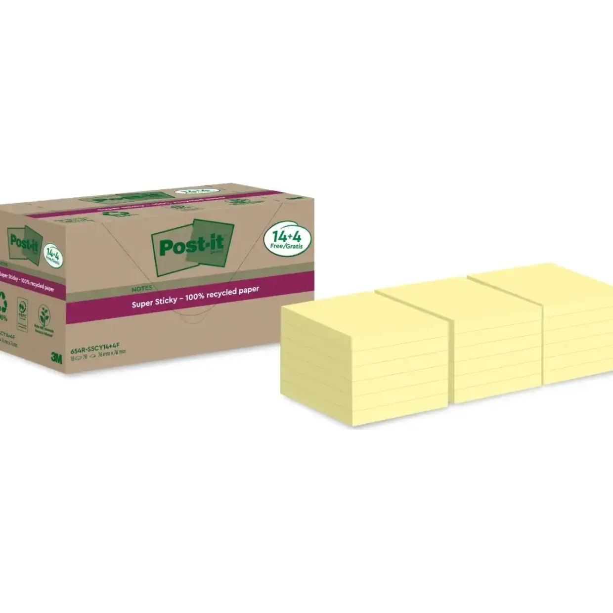 Post-it Super Sticky Recycle Canarygul 76x76mm 14+4blk - 8 stk