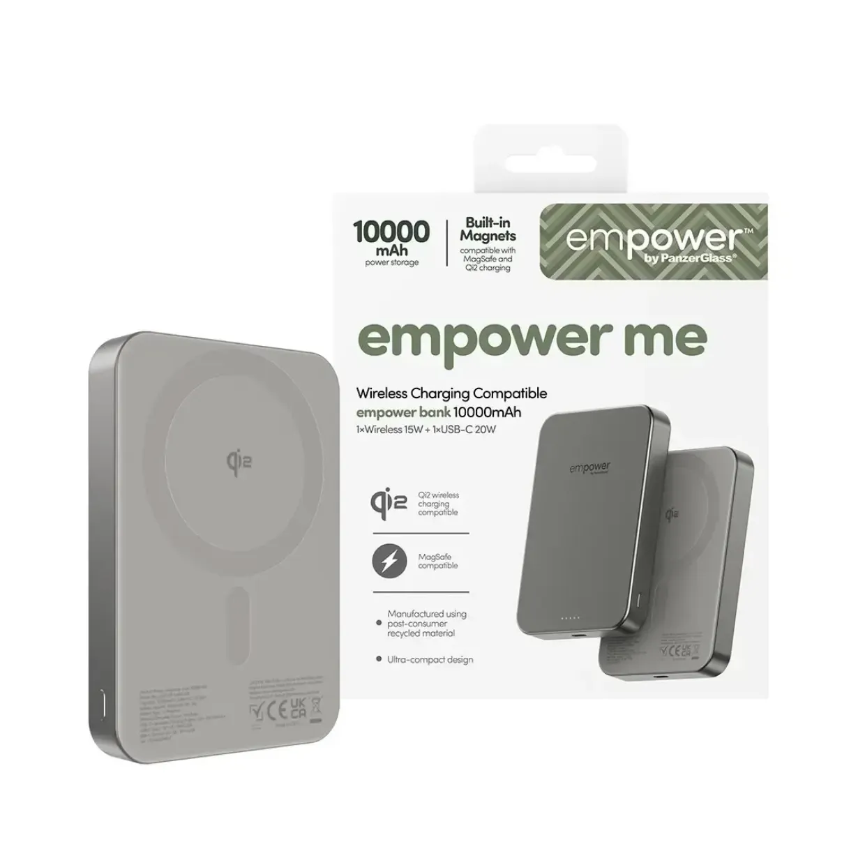 Powerbank, Empower by PanzerGlass, empower bank, trådløs, 10000mAh, Titanium, grå