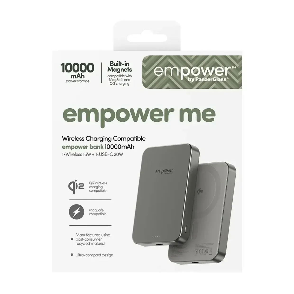 Powerbank, Empower by PanzerGlass, empower bank, trådløs, 10000mAh, Titanium, grå