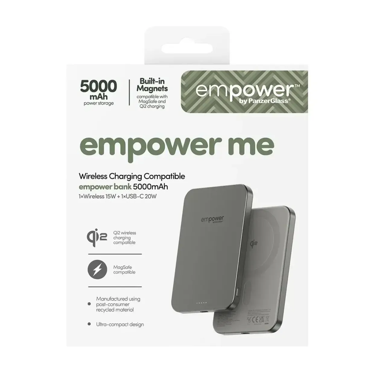 Powerbank, Empower by PanzerGlass, empower bank, trådløs, 5000mAh, Titanium, grå