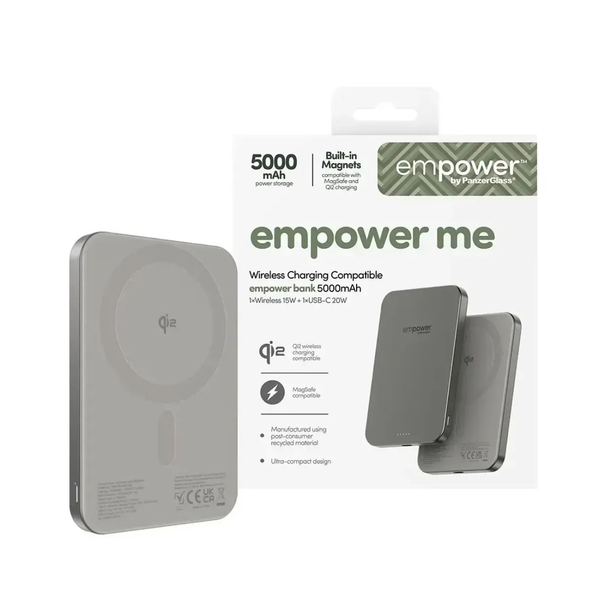 Powerbank, Empower by PanzerGlass, empower bank, trådløs, 5000mAh, Titanium, grå