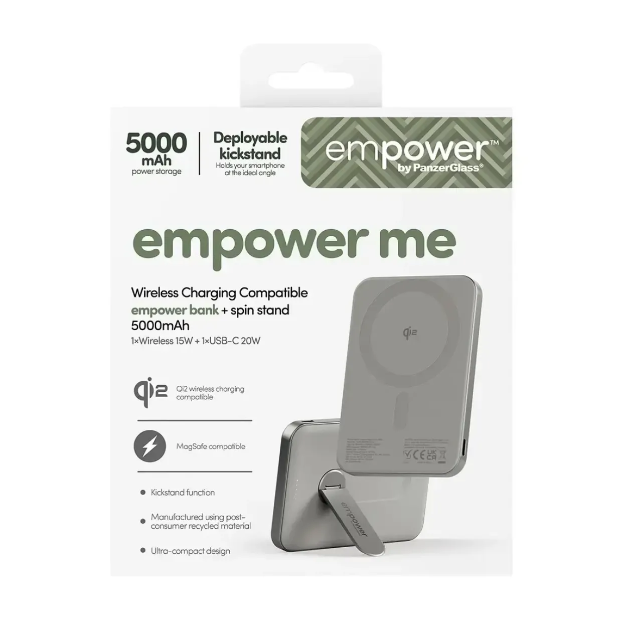 Powerbank, Empower by PanzerGlass, empower Bank w. Spin Stand, trådløs, 5000mAh, Titanium, grå