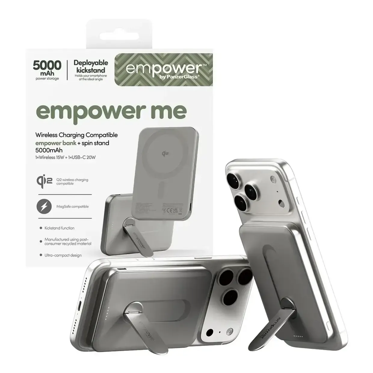 Powerbank, Empower by PanzerGlass, empower Bank w. Spin Stand, trådløs, 5000mAh, Titanium, grå