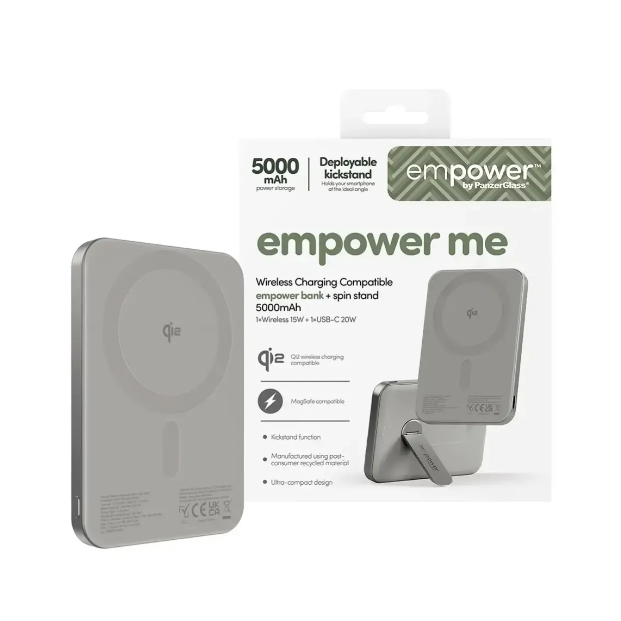 Powerbank, Empower by PanzerGlass, empower Bank w. Spin Stand, trådløs, 5000mAh, Titanium, grå
