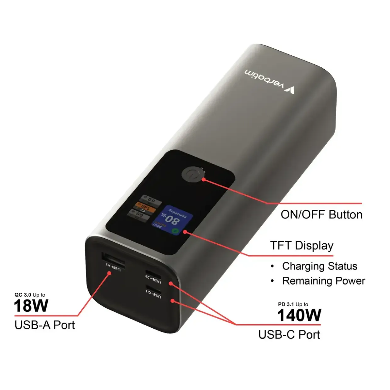 Powerbank, Verbatim, Charge 'n' Go Power Bank 27000mAh 183W, grå
