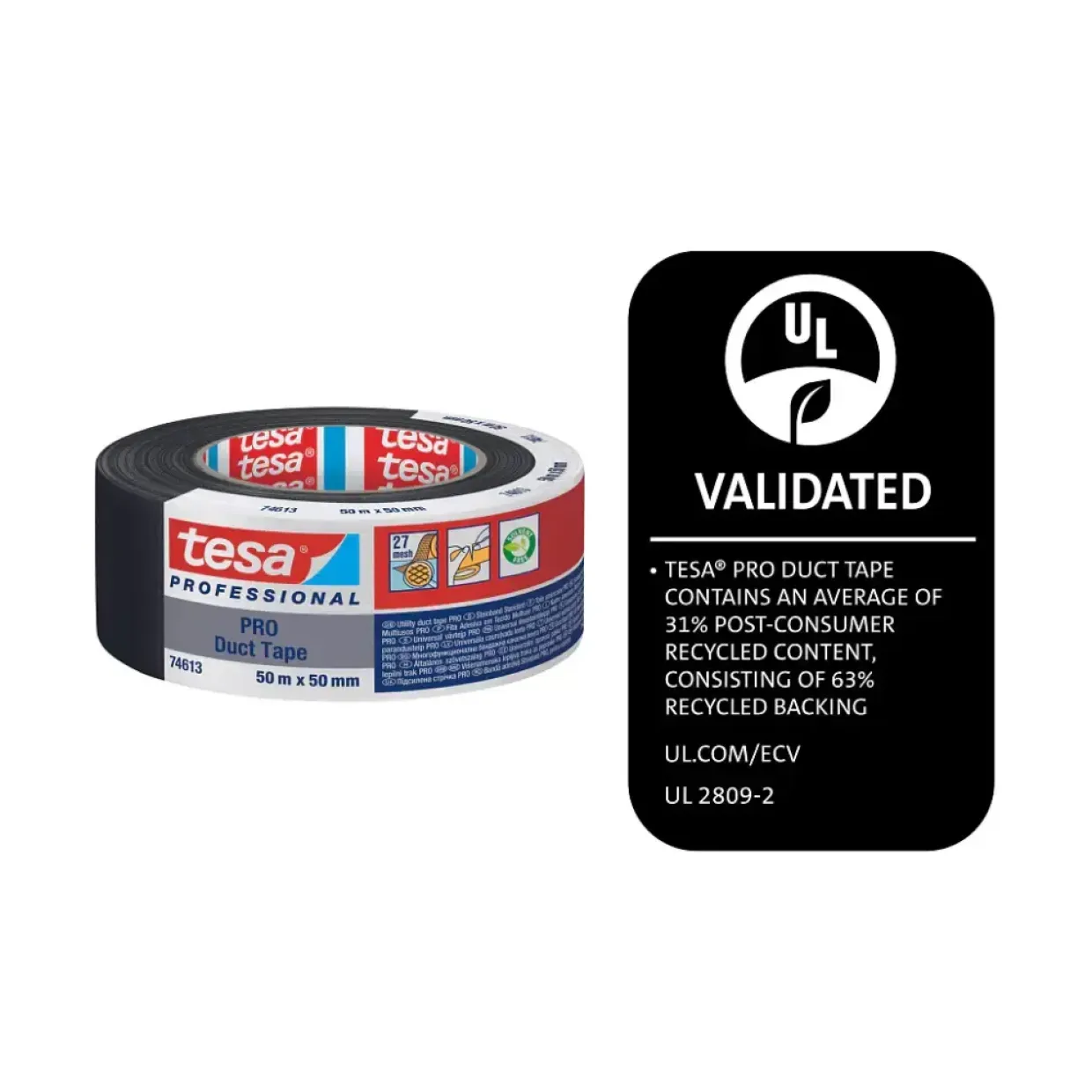 PRO duct tape - Tesa 74613 - 25 m x 50 mm - Sort - 6 stk