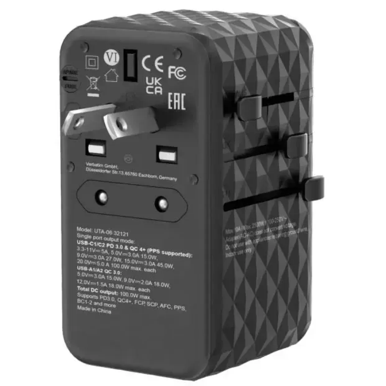 Rejse adapter Verbatim GaN III Universal Travel Adapter UTA-10 2xUSB-C PD140W QC 4+ sort