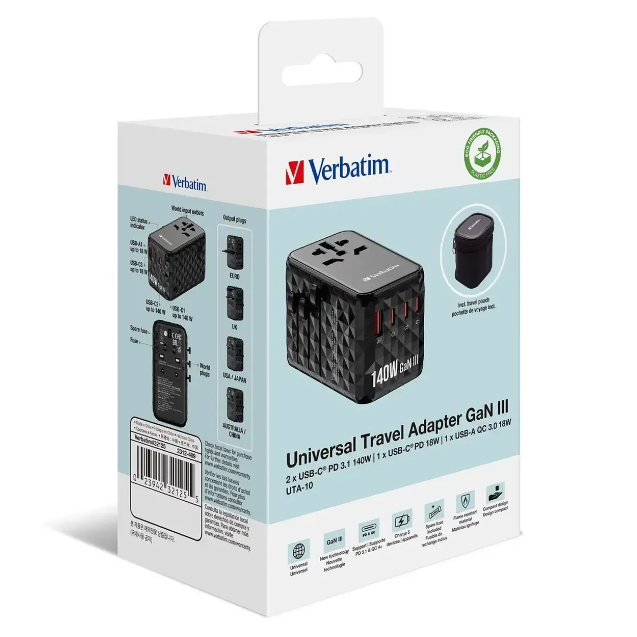 Rejse adapter Verbatim GaN III Universal Travel Adapter UTA-10 2xUSB-C PD140W QC 4+ sort