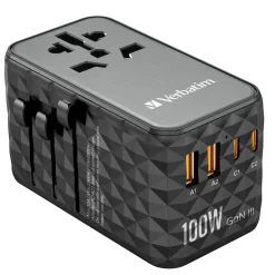 Rejse adapter Verbatim GaN III Universal Travel Adapter UTA-10 2xUSB-C PD140W QC 4+ sort