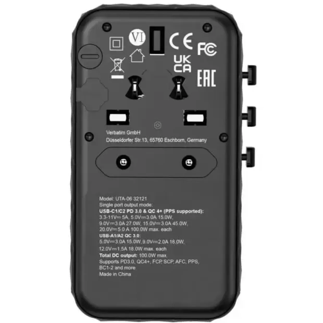 Rejse adapter Verbatim GaN III Universal Travel Adapter UTA-10 2xUSB-C PD140W QC 4+ sort