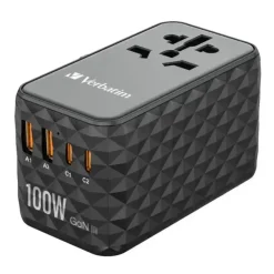 Rejse adapter Verbatim GaN III Universal Travel Adapter UTA-10 2xUSB-C PD140W QC 4+ sort