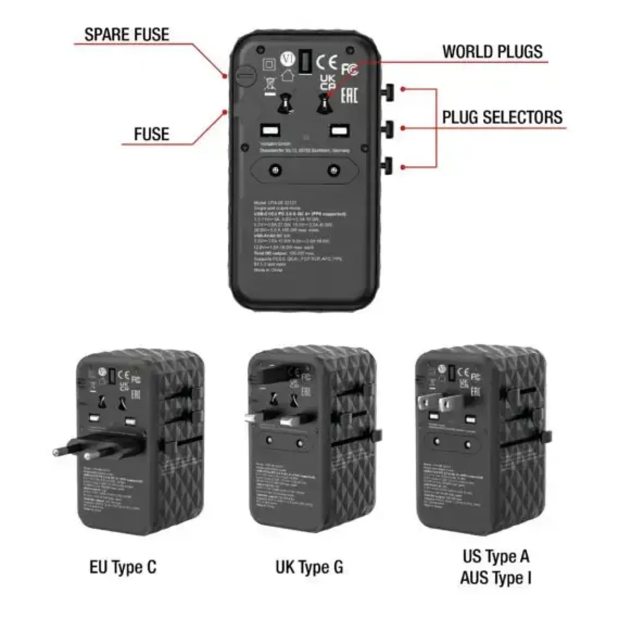 Rejse adapter Verbatim GaN III Universal Travel Adapter UTA-10 2xUSB-C PD140W QC 4+ sort
