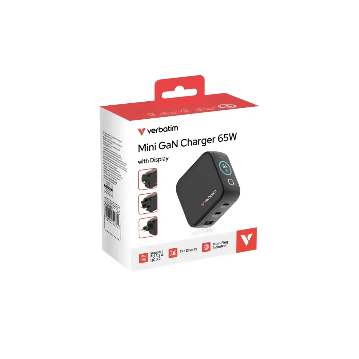 Rejseoplader - Verbatim - Mini GaN Charger - 3-port - USB-C/USB-A - 65W - Sort