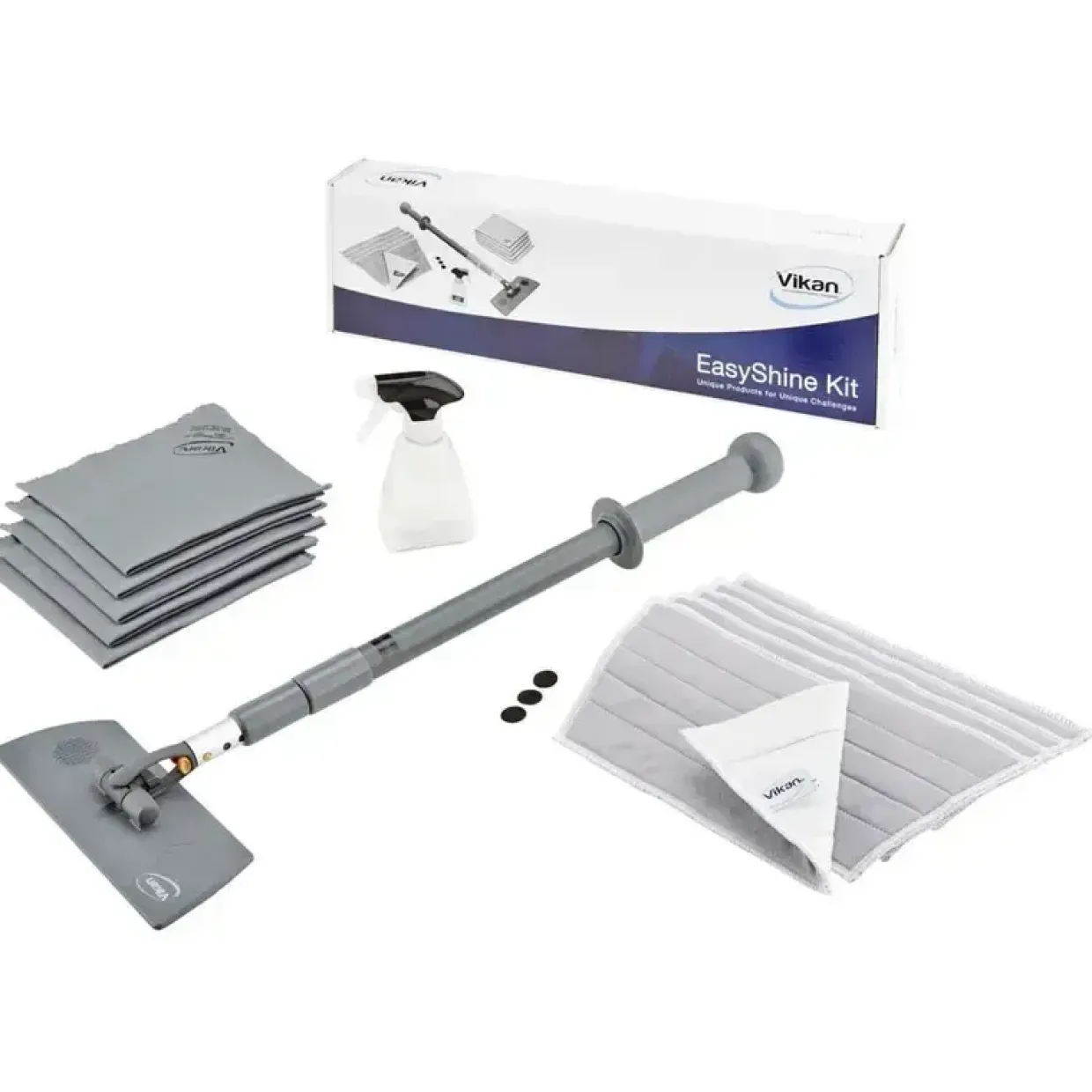 Rengøringssæt - Vikan EasyShine Kit - Inkl. moppefremfører, teleskopskaft, klude og mopper